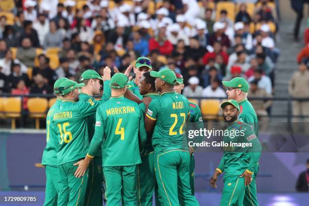 Kagiso Rabada of South Africa celebrates the wicket of Netherlands' Bas De Leede during the ICC Men's Cricket World Cup 2023 match between South...