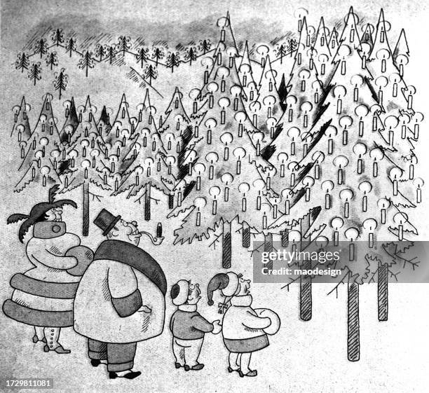 illustrations, cliparts, dessins animés et icônes de la famille est enthousiasmée par la forêt avec des arbres de noël et de l’éclairage - instantané noir et blanc