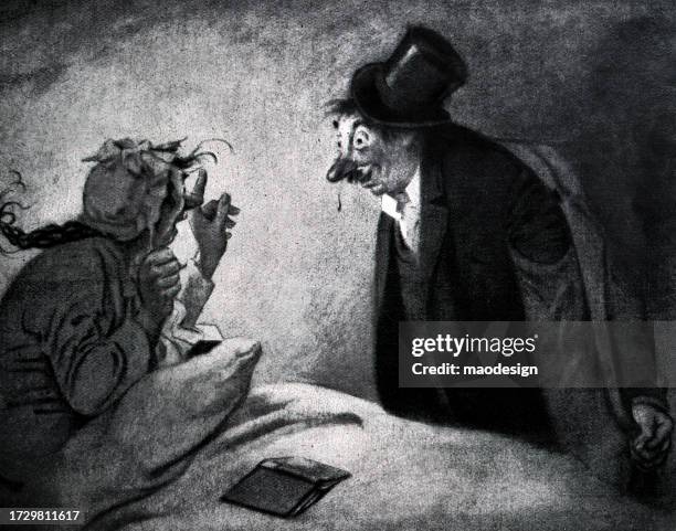 man with runny nose talks to woman in bed - woman blowing nose stock illustrations