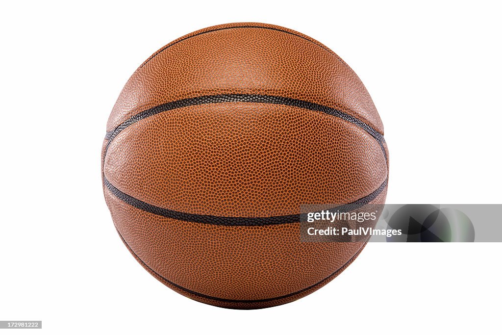 Close up of an orange basketball with black stripes