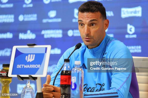 Coach of Argentina national football team Lionel Scaloni speaks during a press conference at Lionel Messi Training Camp on October 11, 2023 in...