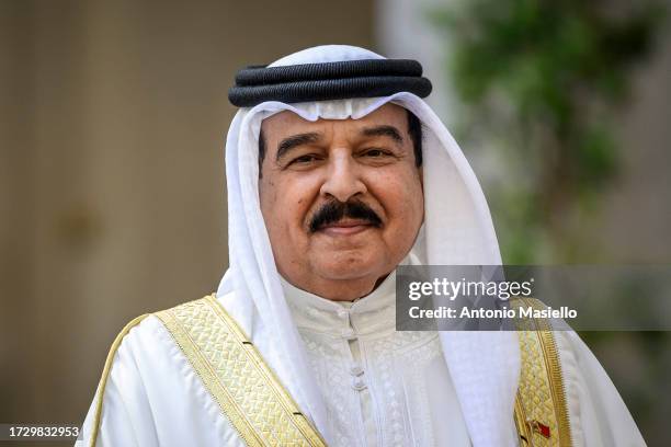 King of Bahrain Hamad Bin Isa Al Khalifa meets with Italian Prime Minister Giorgia Meloni before their meeting at Palazzo Chigi, on October 17, 2023...