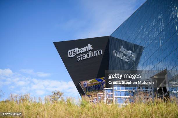 General view outside the stadium before the game between the Kansas City Chiefs and Minnesota Vikings at U.S. Bank Stadium on October 8, 2023 in...
