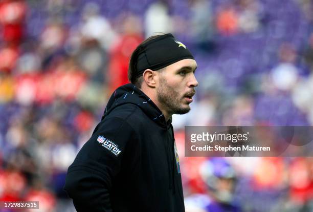 Harrison Smith of the Minnesota Vikings warms up before the game against the Kansas City Chiefs at U.S. Bank Stadium on October 8, 2023 in...