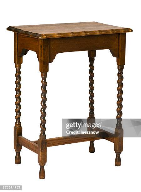 spiral legged antique end table isolated on white - antique furniture stock pictures, royalty-free photos & images