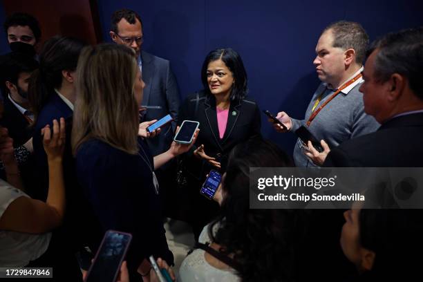 Rep. Pramila Jayapal talks to reporters after attending a classified, closed-door briefing about Hamas' attack on Israel in the Capitol Visitors...