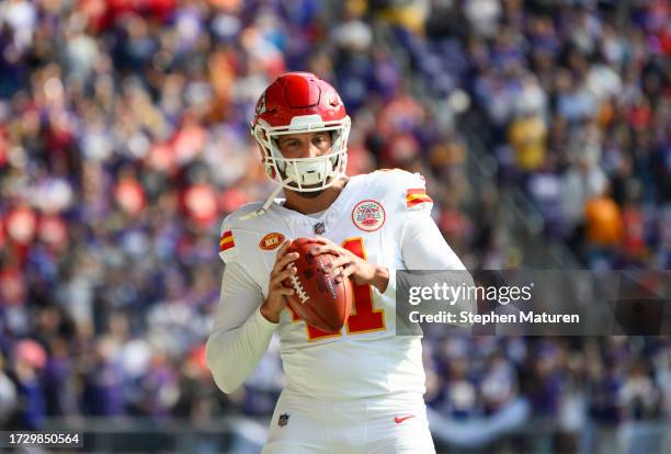 James Winchester of the Kansas City Chiefs warms up before the game against the Minnesota Vikings at U.S. Bank Stadium on October 8, 2023 in...