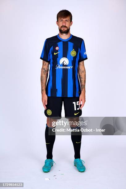 Francesco Acerbi of FC Internazionale pose for a photo during the FC Internazionale headshot media day at Appiano Gentile on July 20, 2023 in Como,...