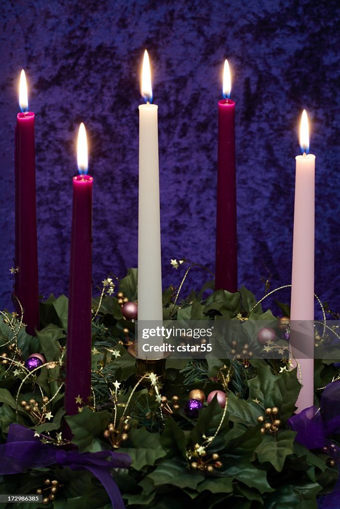 Religious: Christmas Advent Wreath with burning candles
