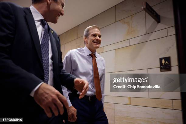 Rep. Jim Jordan , who is running for Speaker of the House, arrives for a classified, closed-door briefing about Hamas' attack on Israel in the...
