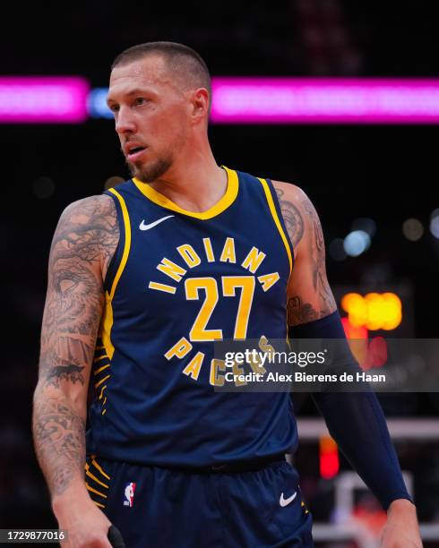 Daniel Theis of the Indiana Pacers looks on during the preseason game against the Houston Rockets at Toyota Center on October 10, 2023 in Houston,...