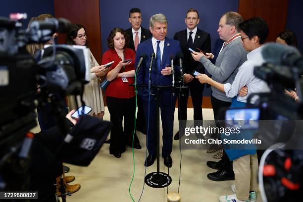 House Foreign Affairs Chairman Michael McCaul talks to reporters with Rep. David Kustoff and Rep. Max Miller after they attended a classified...