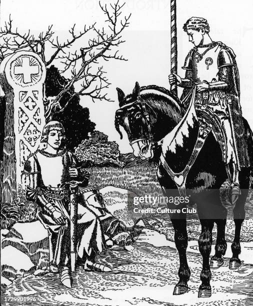 Galahad Meets Melyas de Lyle Illustration by Howard Pyle from The Story of the grail and the passing of Arthur” 1910. Private Collection. Creator...