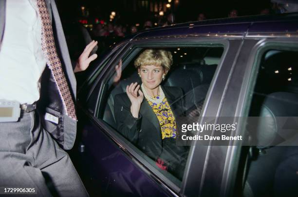 Diana, Princess of Wales leaves the theatre after seeing 'Crazy For You', London, April 1993.