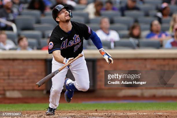 Pete Alonso of the New York Mets in action against the Philadelphia Phillies during the fifth inning of the first game of a doubleheader at Citi...
