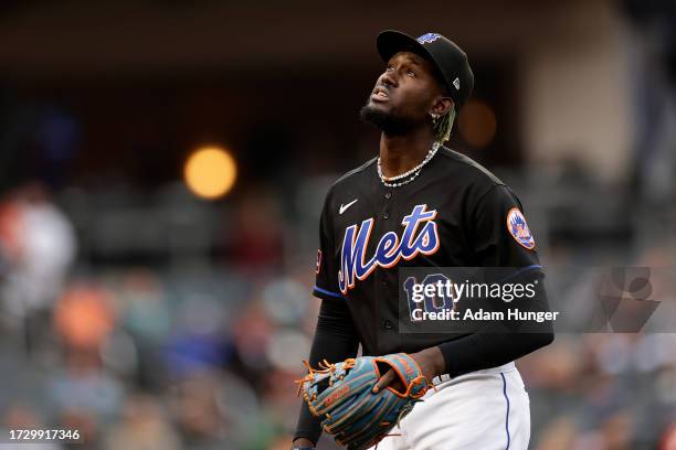 Ronny Mauricio of the New York Mets reacts against the Philadelphia Phillies during the seventh inning of the first game of a doubleheader at Citi...