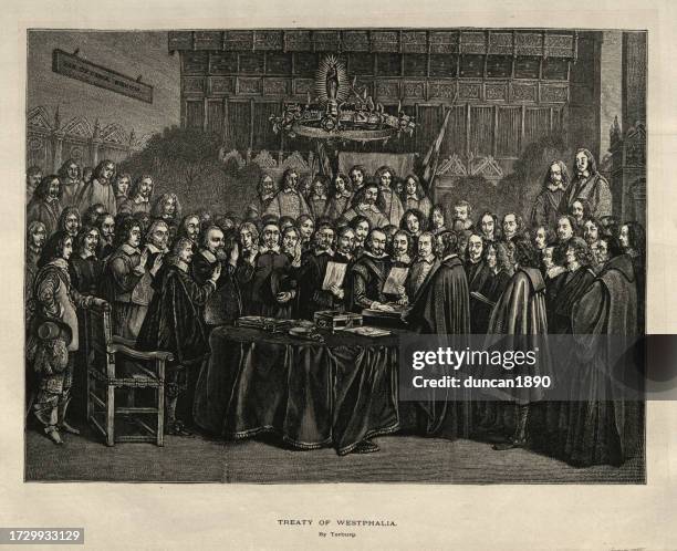 der westfälische frieden, der den dreißigjährigen krieg (1618–1648) beendete und dem heiligen römischen reich frieden brachte - internationales abkommen stock-grafiken, -clipart, -cartoons und -symbole
