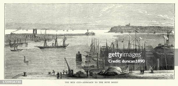 vintage illustration view of cardiff docks, wales, construction of bute docks,1870s, victorian 19th century history - cardiff stock illustrations