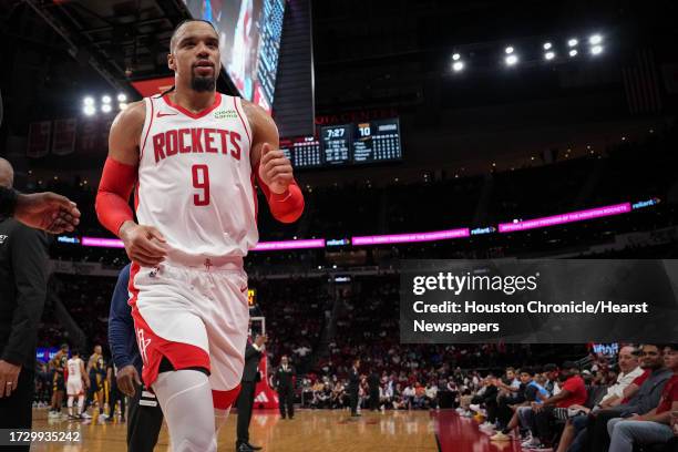 Houston Rockets forward Dillon Brooks leaves the court after being ejected during the first half of a pre-season NBA game Tuesday, Oct. 10 at the...