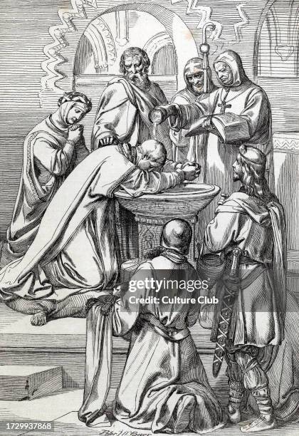 Representation of Saint Augustine of Canterbury , sent to England by Pope Gregoire the Great in 596 to convert the Anglo-Saxons - He is here before...