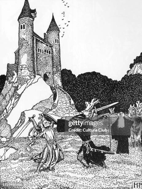 King Arthur fighting against Mordred in presence of Merlin Illustration by Howard Pyle from “The story of king Arthur and his knights” 1903. Private...