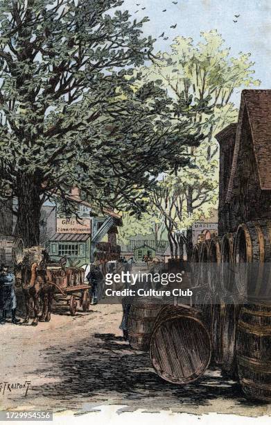View of the new warehouse on Rue Laroche, Bercy, Paris Wine warehouses of rue Laroche in Bercy, Paris) Drawing by Gustave Fraipont draws from “La...