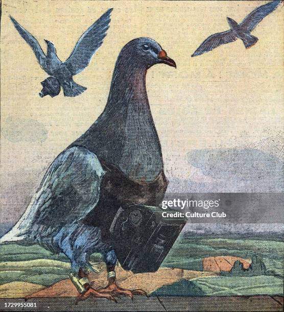 An Homing pigeon used as a photographer carrying a small camera From ' Le pelerin' june 1934. Private Collection. Unknown Artist.