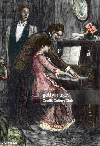 Theodore le maitre de piano posing les doigts de clarisse sur les touches sous les yeux de son lover Duveyrier Illustration of the novel...