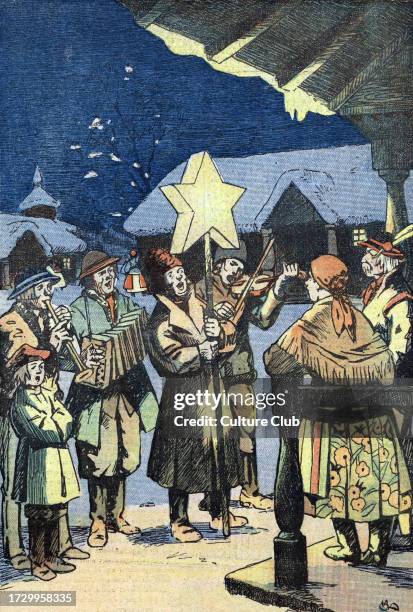 Christmas Celebration in Poland: Young musicians with a bright star go from door to door singing carols at the Christmas eve in Poland' Illustration...