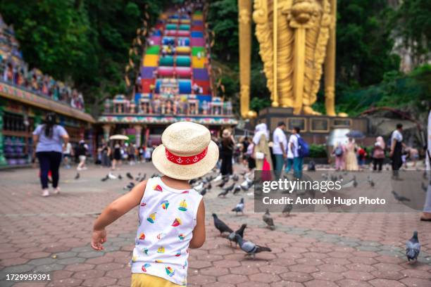 boy with hat running after pigeons at batu caves in malaysia - thaipusam stock pictures, royalty-free photos & images