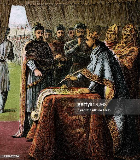 Signature of the Magna Carta” by King John Sans Terre a Runnymede on June 15, 1215” Illustration, 1867 Private collection.