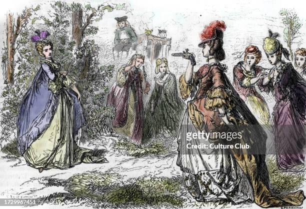 Duel between two marquises fighting with pistol in the Bois de boulogne around 1775 Engraving from ' Histre-de-France' by Lahure, 1866 Private...
