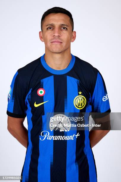 Alexis Sanchez of FC Internazionale pose for a photo during the official headshot media day at Appiano Gentile on August 12, 2023 in Como, Italy.