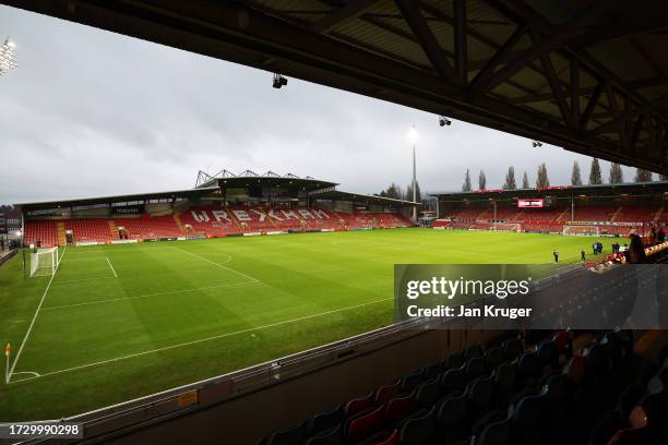 General view inside the stadium prior to the international friendly match between Wales and Gibraltar at Racecourse Ground on October 11, 2023 in...