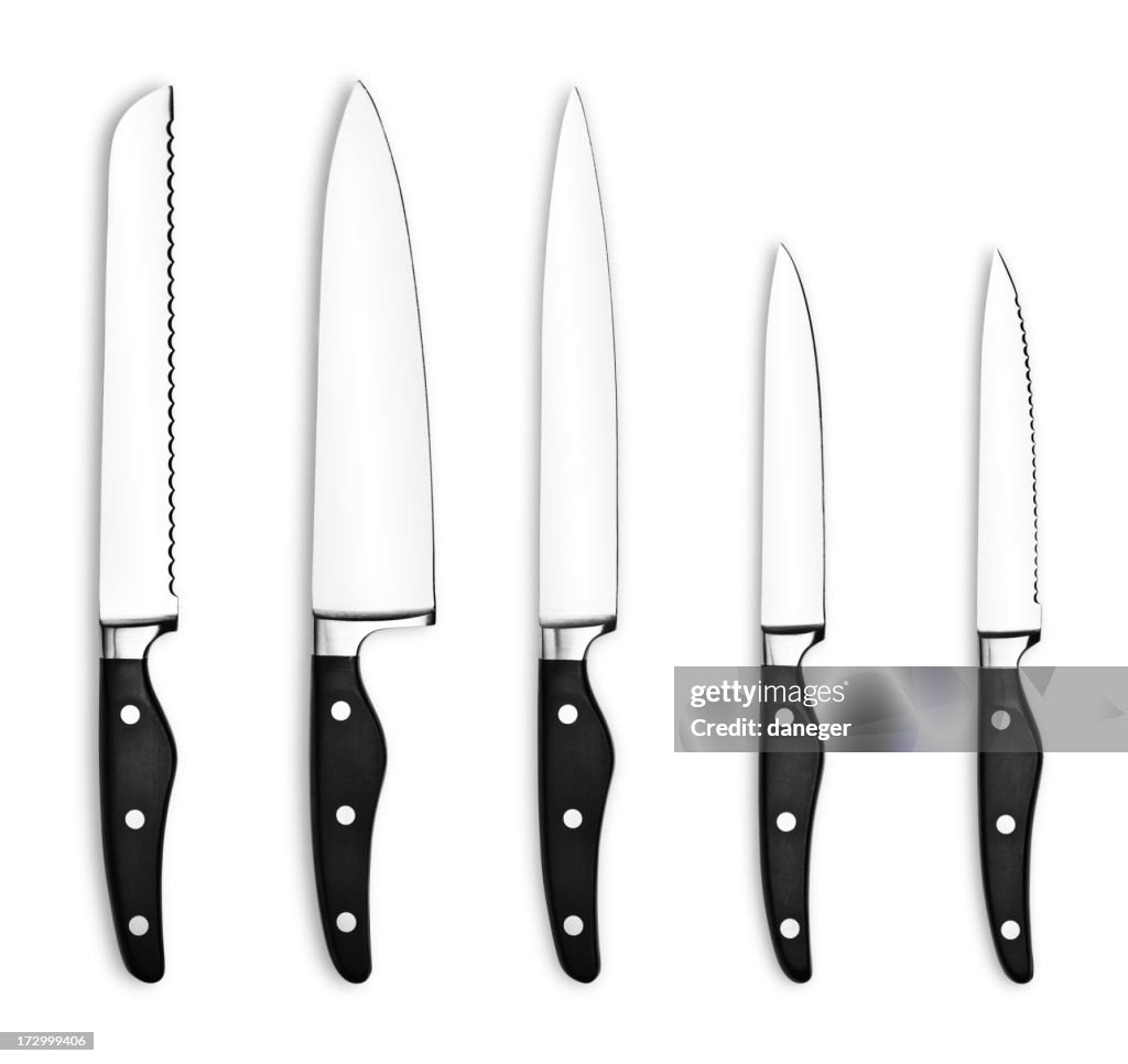 Five kitchen knives on a white background
