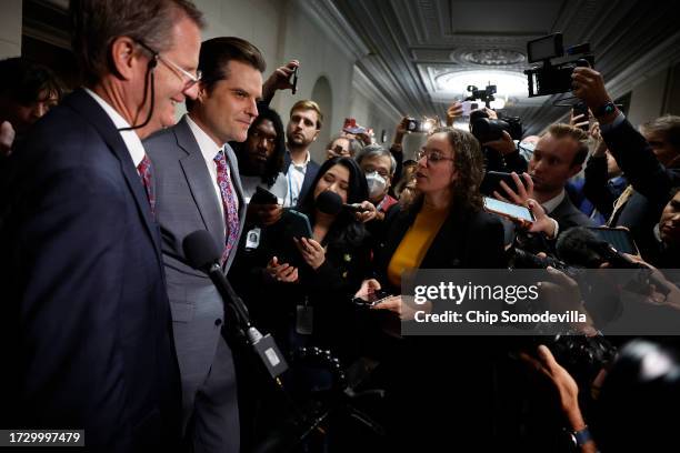 Rep. Matt Gaetz and Rep. Tim Burchett speak to reporters as they leave a House Republican caucus meeting where the conference voted to nominate House...