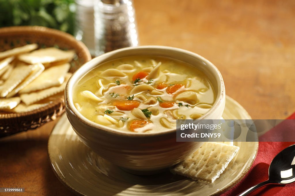Serving of chicken noodle soup in a bowl