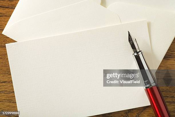 blank note card with pen on desk - fountain pen stock pictures, royalty-free photos & images