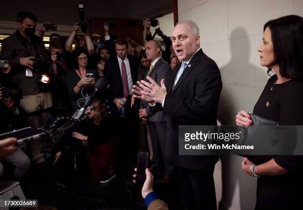 Speaker of the House nominee Rep. Steve Scalise speaks to the media as he leaves a House Republican caucus meeting where the conference voted on a...