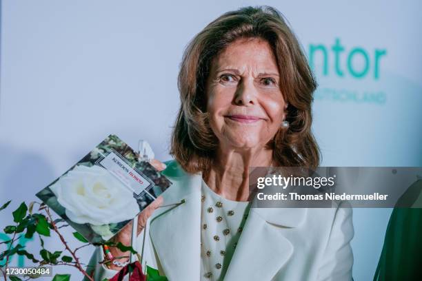 Queen Silvia of Sweden visits the island of Mainau in Lake Constance on October 11, 2023 in Konstanz, Germany. Her Majesty Queen Silvia of Sweden is...
