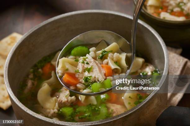 chicken and barley vegetable noodle soup - chicken soup stock pictures, royalty-free photos & images