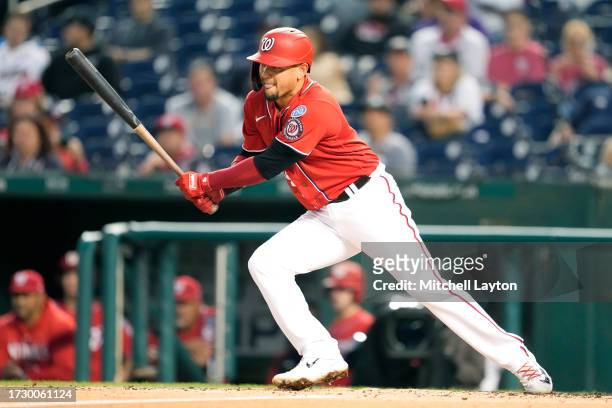 Ildemaro Vargas of the Washington Nationals takes a swing during game two of a doubleheader of a baseball game against the Atlanta Braves at...