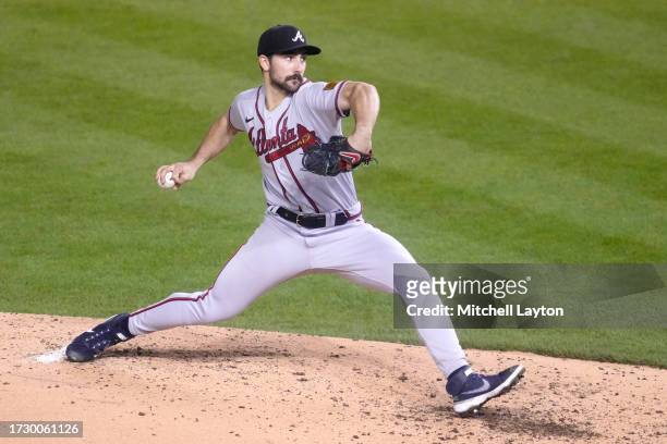 Spencer Strider of the Atlanta Braves pitches during game two of a doubleheader of a baseball game against the Washington Nationals at Nationals Park...
