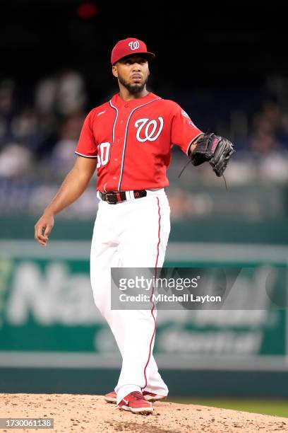 Joan Adon of the Washington Nationals pitches during game two of a doubleheader of a baseball game against the Atlanta Braves at Nationals Park on...