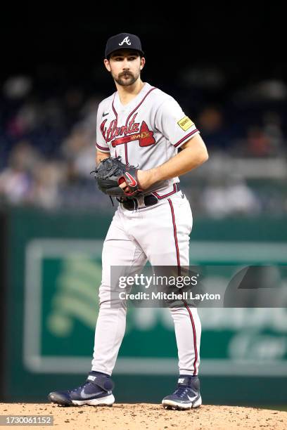 Spencer Strider of the Atlanta Braves pitches during game two of a doubleheader of a baseball game against the Washington Nationals at Nationals Park...