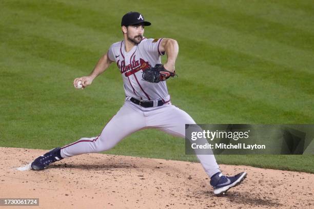 Spencer Strider of the Atlanta Braves pitches during game two of a doubleheader of a baseball game against the Washington Nationals at Nationals Park...