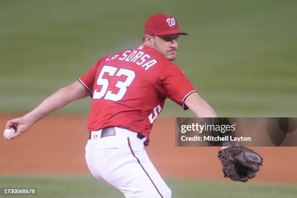 Joe La Sorsa of the Washington Nationals pitches during game two of a doubleheader of a baseball game against the Atlanta Braves at Nationals Park on...