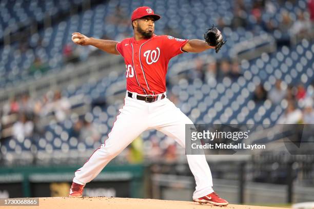 Joan Adon of the Washington Nationals pitches during game two of a doubleheader of a baseball game against the Atlanta Braves at Nationals Park on...