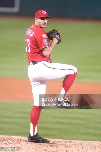 Joe La Sorsa of the Washington Nationals pitches during game two of a doubleheader of a baseball game against the Atlanta Braves at Nationals Park on...