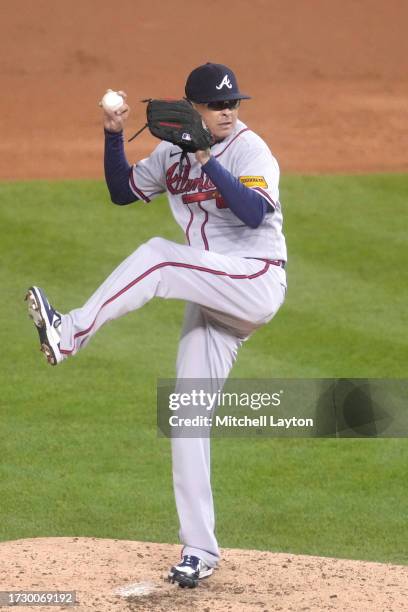 Jesse Chavez of the Atlanta Braves pitches during game two of a doubleheader of a baseball game against the Washington Nationals at Nationals Park on...